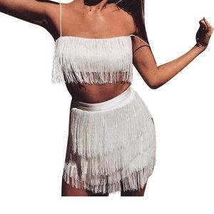 White Fringe 2 piece top and skirt